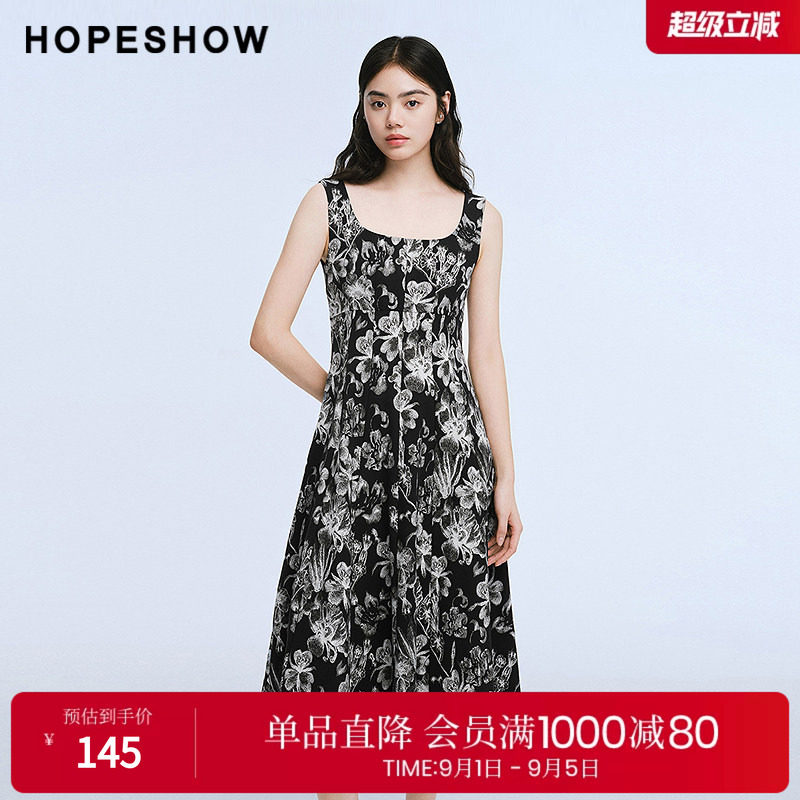 红袖2025夏季新款女装 花卉印花拼接无袖方领中长连衣裙图片