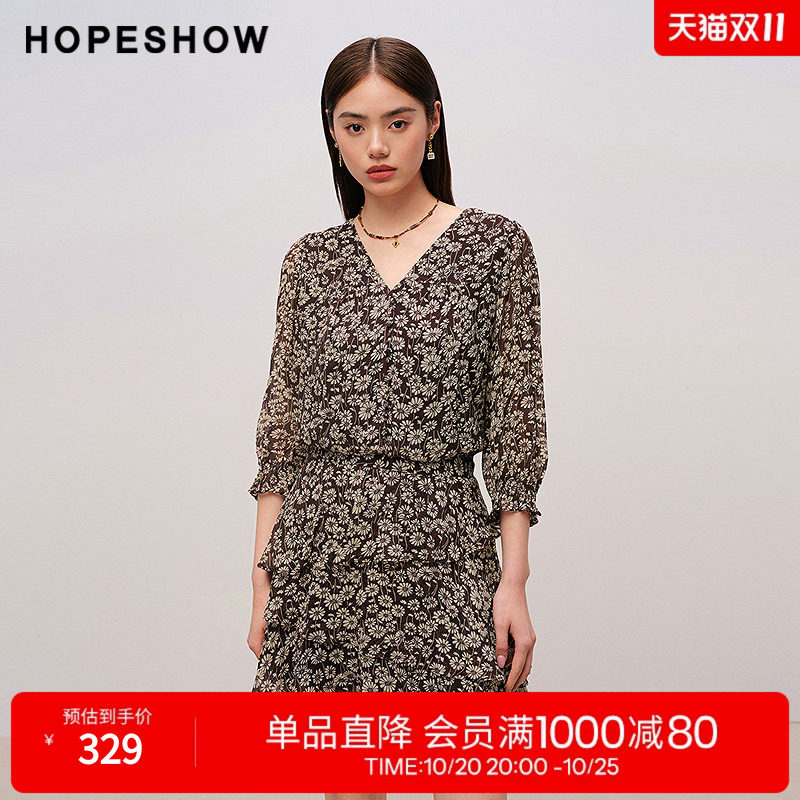 红袖2025秋季新款女装 花卉印花不对称荷叶边拼接中袖V领连衣裙
