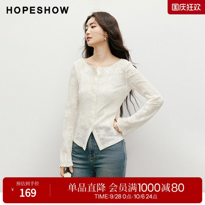 红袖2025秋季新款女装 蕾丝绣花木耳边开叉正肩长袖圆领套头上衣
