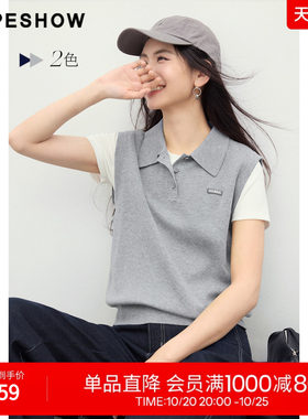 红袖2026春季新款女装 字母刺绣POLO翻领无袖短款针织衫