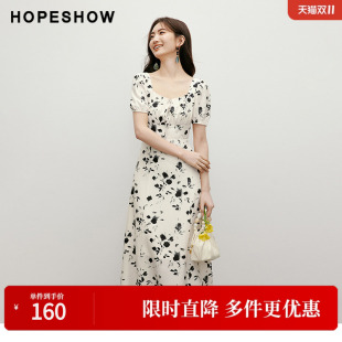 曳舞花姿 红袖 女装 新款 收腰钻石领印花裙 2024夏季