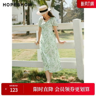 泡泡袖 红袖 女装 新款 收腰V领套头印花裙 2024夏季