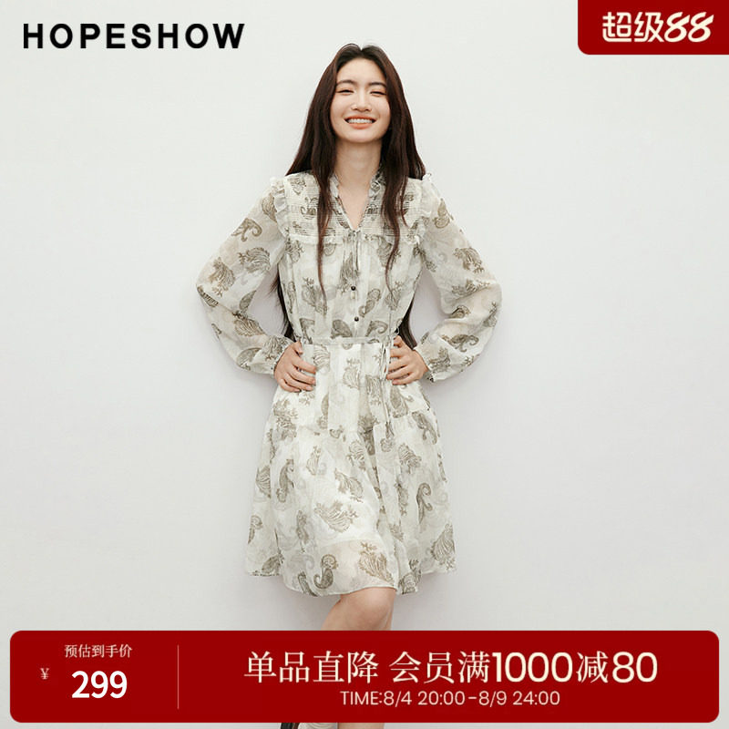 红袖2025秋季新款女装 【蔓染之韵】印花木耳边串珠系带连衣裙