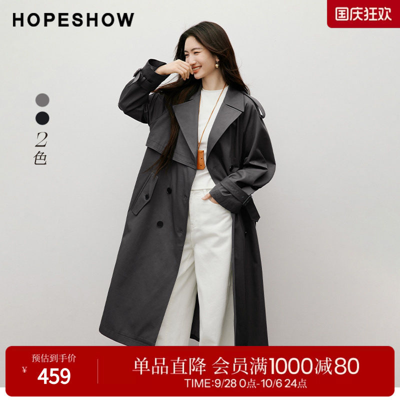 红袖2025秋季新款女装 系带双排扣插肩袖翻驳领中长风衣外套