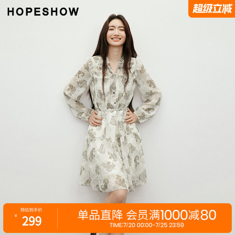 红袖2025秋季新款女装 【蔓染之韵】印花木耳边串珠系带连衣裙