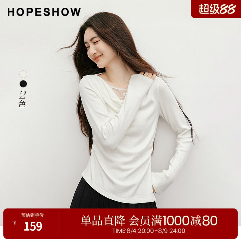红袖蕾丝拼接不对称荡领T恤女