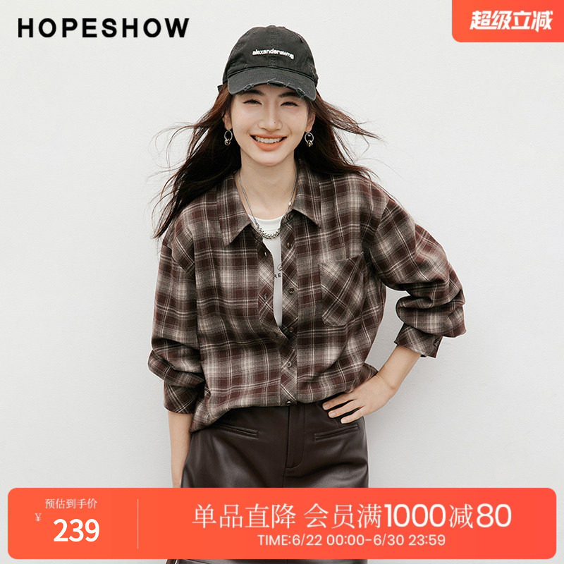 红袖2025冬季新款女装 撞色格纹不对称单排扣落肩翻领衬衫