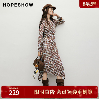 红袖2025秋季新款女装 【海盐可露丽】丝绒印花不对称长袖连衣裙