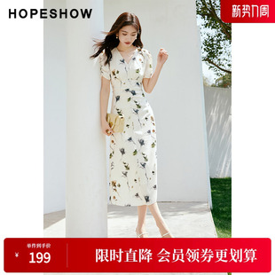 女装 新款 印花后拉收腰V领套头连衣裙 2024夏季 红袖