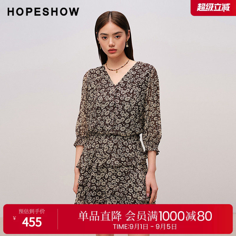 红袖2025秋季新款女装 花卉印花不对称荷叶边拼接中袖V领连衣裙
