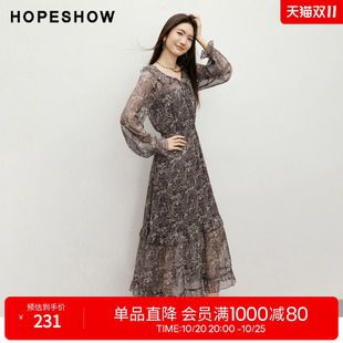 红袖2026春季新款女装 佩斯利印花雪纺系带荷叶边打揽拼接连衣裙