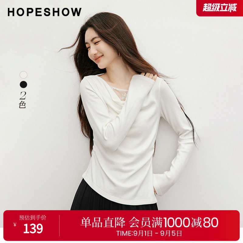 红袖蕾丝拼接不对称荡领T恤女