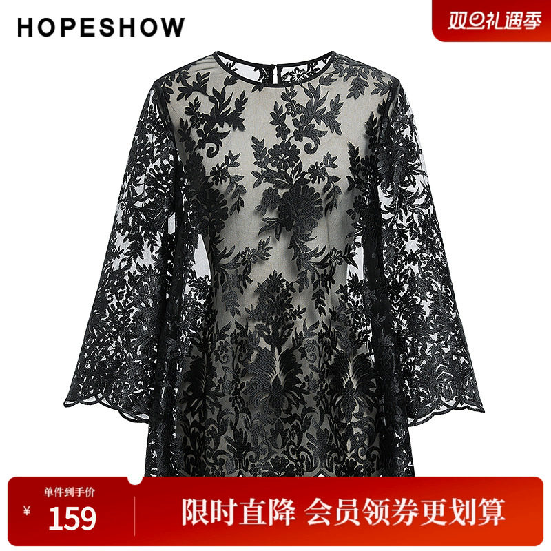 红袖秋季新款女装蕾丝刺绣波浪边不对称长袖圆领上衣