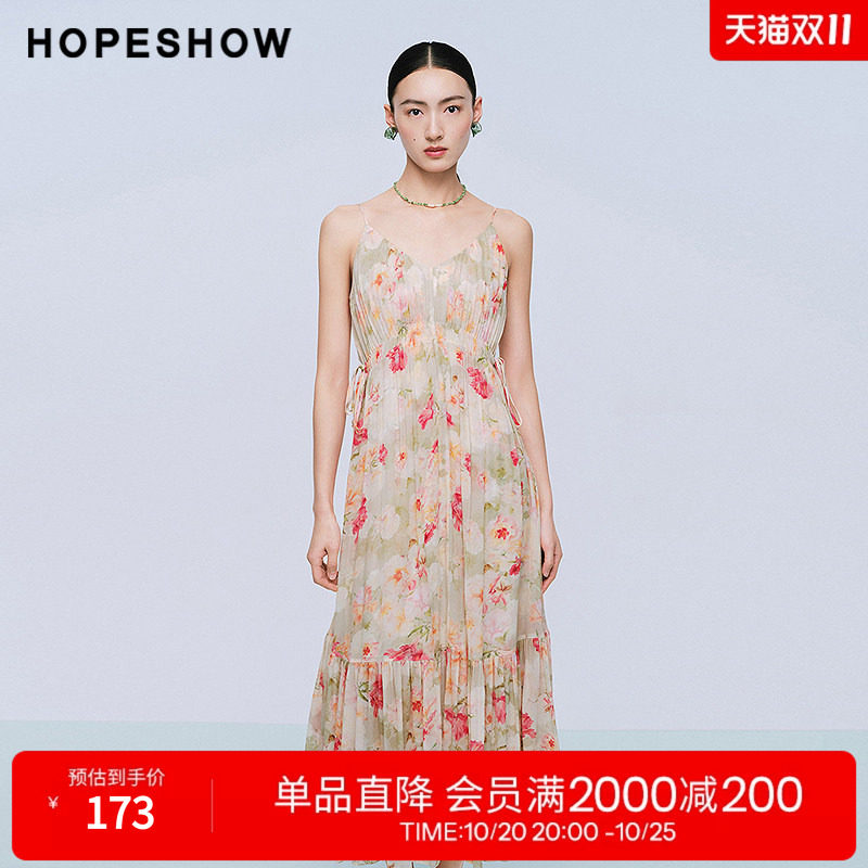 红袖2025夏季新款女装 花卉印花系带压褶V领中长吊带裙