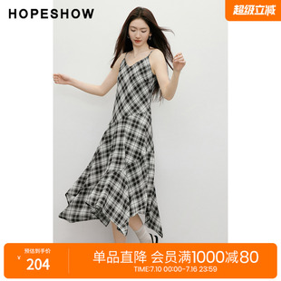 红袖2026春季新款女装 格纹印花雪纺不规则斜裁拼接V领吊带连衣裙