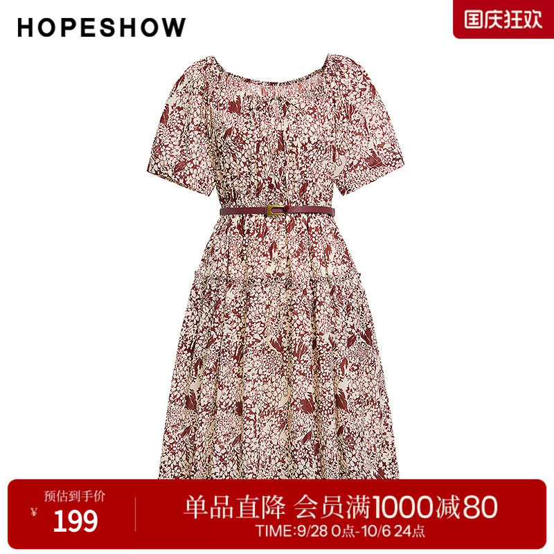 红袖2025秋季新款女装 100棉花卉印花系带拼接短袖圆领套头连衣裙