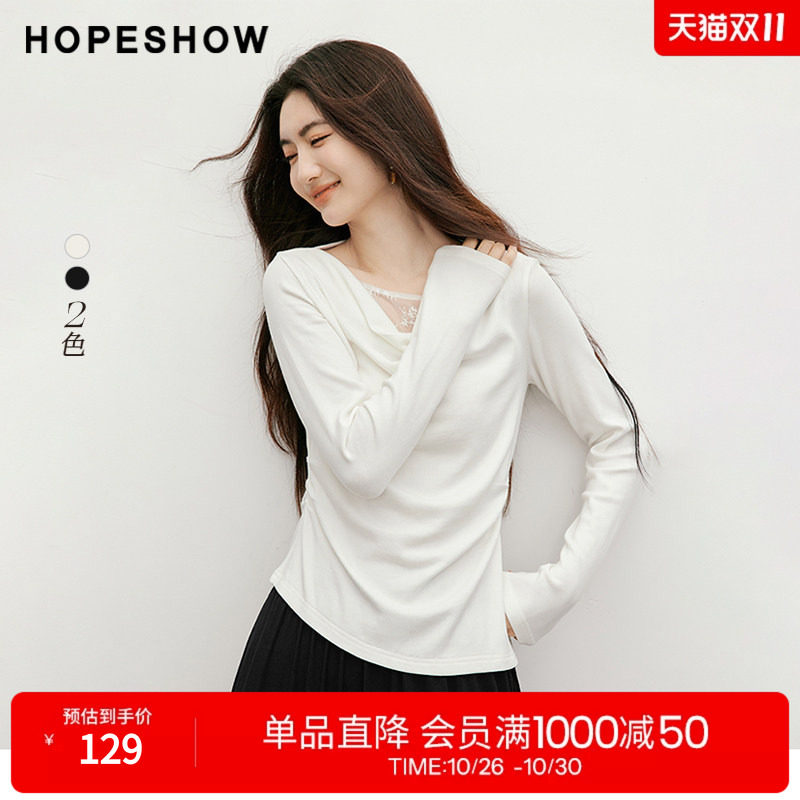 红袖蕾丝拼接不对称荡领T恤女
