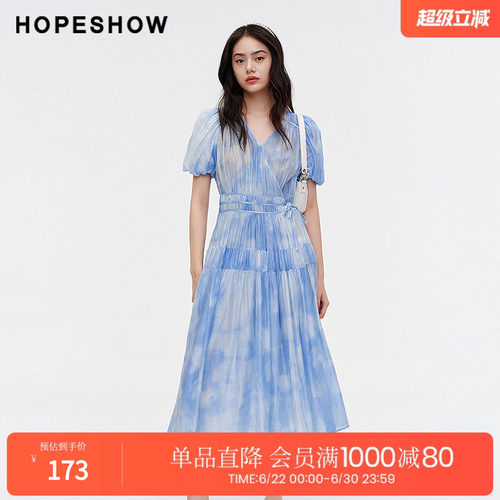 红袖2024夏季新款女装泡泡袖系带收腰V领套头印花裙