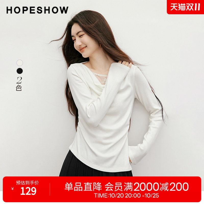 红袖蕾丝拼接不对称荡领T恤女