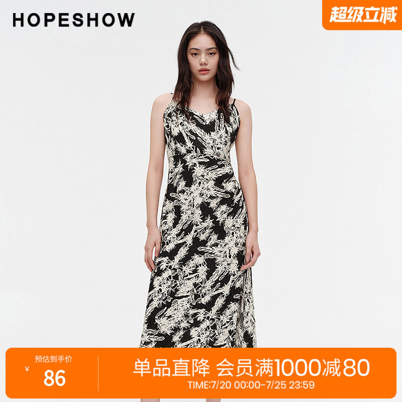 红袖夏季2024新款女装 印花开叉V领套头吊带连衣裙89124131603