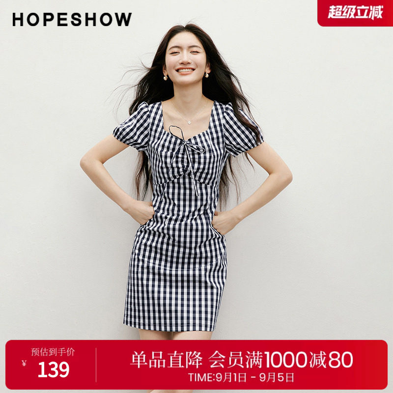 红袖2025夏季新款女装 复古格纹正肩泡泡袖钻石领套头连衣裙图片