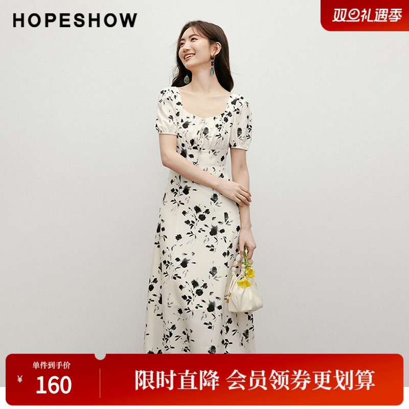 红袖2024夏季新款女装【曳舞花姿】收腰钻石领印花裙