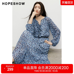 红袖2026春季新款女装 印花雪纺系带荷叶边拼接长袖连衣裙