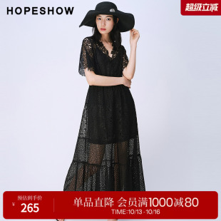 红袖2025夏季新款女装 镂空蕾丝拼接正肩短袖V领长款连衣裙两件套