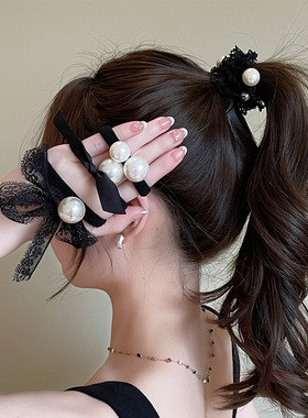 珍珠皮圈黑色蕾丝花边发饰韩版简约成人高弹力扎马尾皮筋头绳发圈