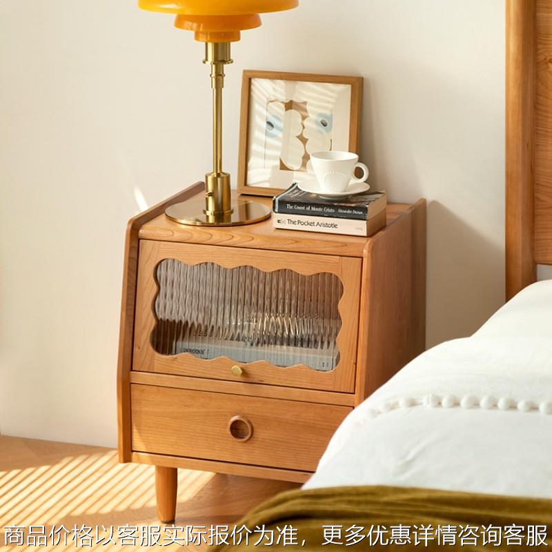 北欧实木床头柜玻璃小型樱桃木复古家具现代简约卧室收纳床边柜