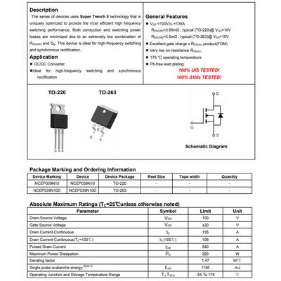 全新原装正品原装包装Ncep039N10D至263补丁n通道Ncep039N10