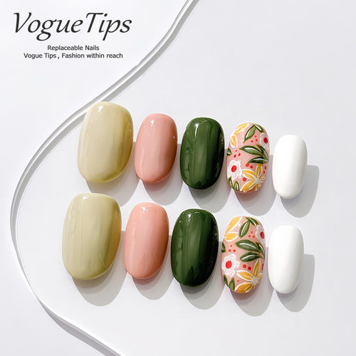 VogueTips绿芽仙子纯手工穿戴甲日式短圆新款手绘高级感显白ZB264