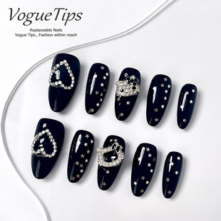VogueTips 黑耀手工穿戴甲冷艳黑色kitty显白美甲片中杏仁ZB690