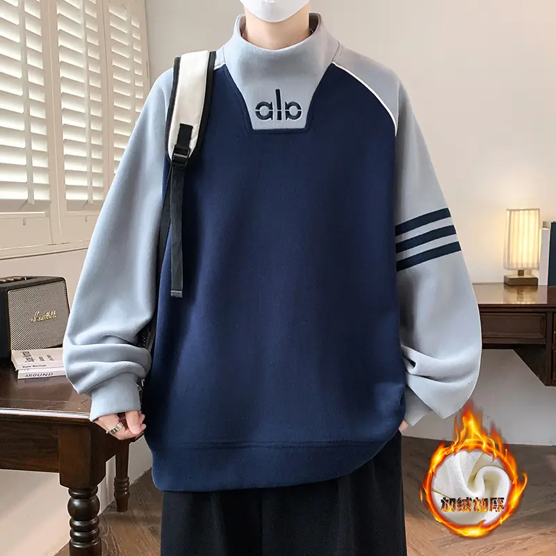 TPRS男装加绒加厚半高领拼色卫衣潮牌个字母设计宽松百搭男生上衣