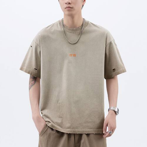 ONE BOY美式破洞重磅洗水短袖T恤小众设计复古个性