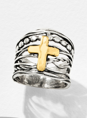 洛尘法式复古双色十字架多层交叉戒指做旧小众时尚潮流指环手饰品