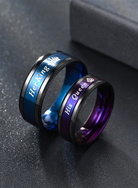 欧美跨境复古 her king his queen戒指情侣钛钢对戒指环饰品