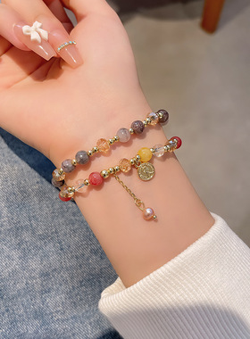 双层串珠仿玉髓手链女轻奢复古叠戴手串ins小众设计手饰