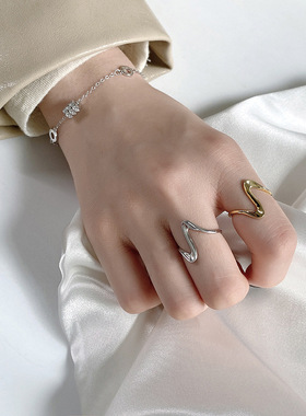 925纯银戒指女小众设计波浪心电指环时尚食指戒网红韩版简约个性