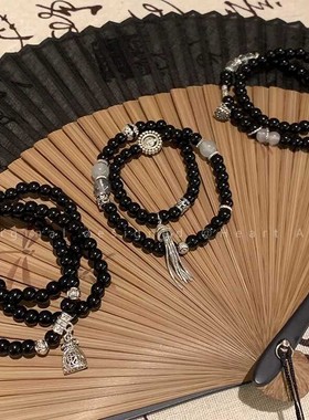 新中式山鬼花钱黑色串珠手女新国风黑曜石手串手饰