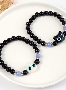 夜光原创奶酪呆萌小猫咪手串贝壳星星黑白手链情侣手链送礼物