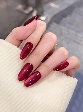 纯手工穿戴美甲2025新款红色性感指甲中长款猫眼爆闪高级感穿戴甲