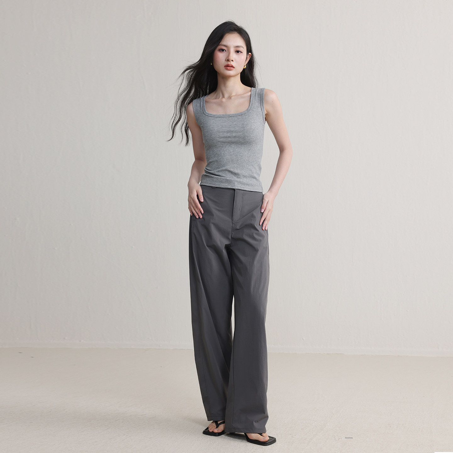 阔腿裤女2026新款夏季薄款高腰垂坠感高级感冰丝宽松休闲直筒灰色