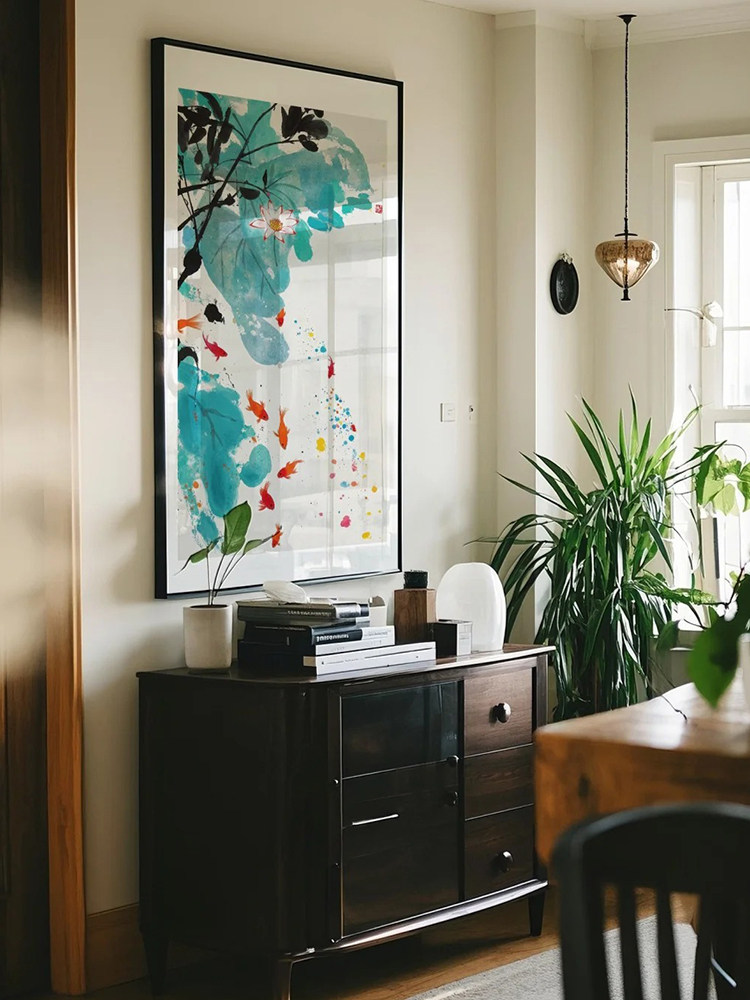 《鱼聚荷》新中式鱼图玄关挂画奶油风寓意好客厅背景装饰壁画,家居饰品,现代装饰画,淘宝优惠券,粉丝福利购,淘宝优惠卷