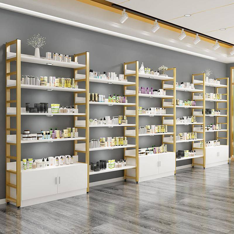多层货架化妆品展示架超市美容院产品陈列架落地钢木储物架置物架