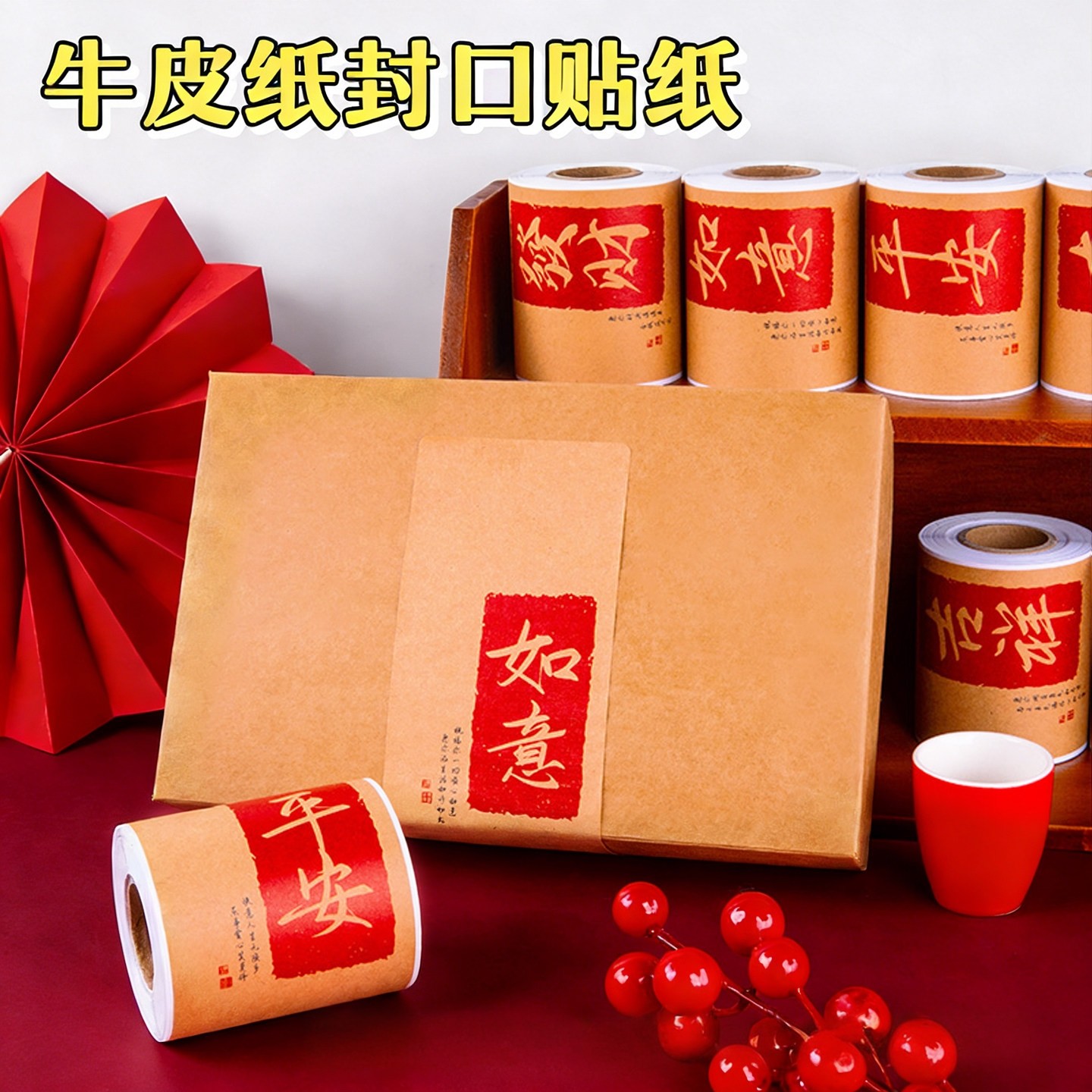 吉祥如意发财牛皮纸封口贴新年烘焙年货零食礼盒喜庆不干胶标签贴