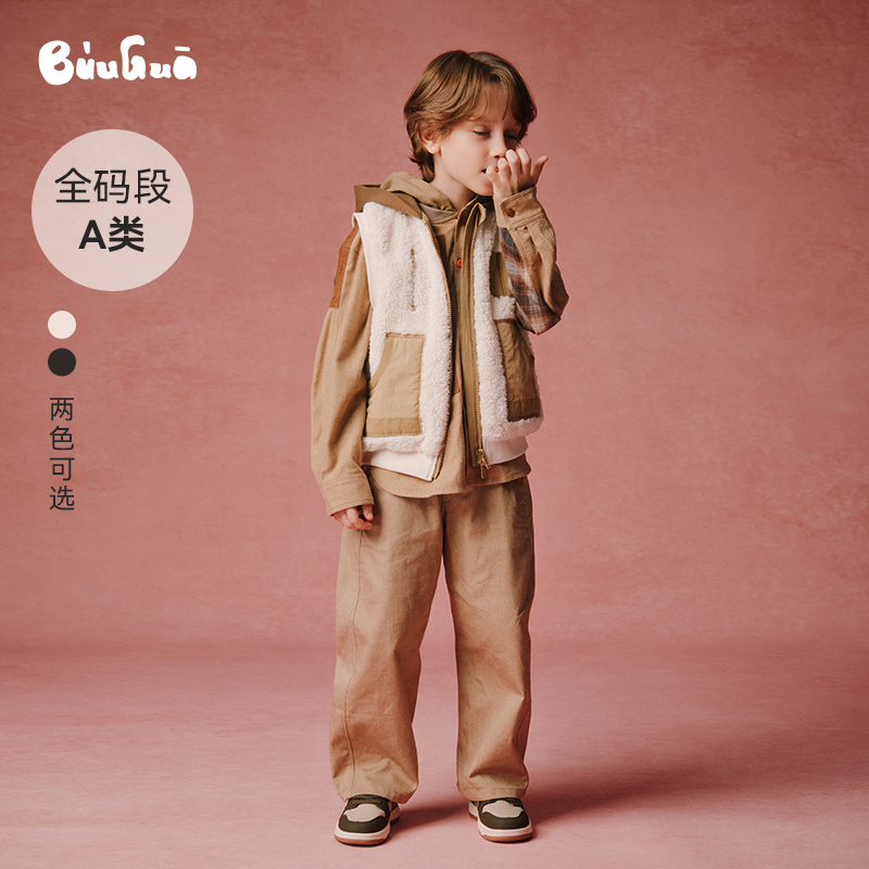 BUUGUA25秋冬新品撞色拼接摇粒绒日系外套A类连帽拉链羊羔绒马甲