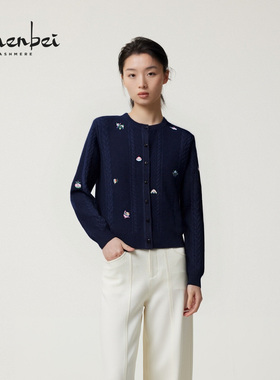 ZB/珍贝2025年新款品纯山羊绒圆领绣花女开衫通勤内搭旗/56586-1