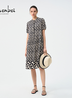 ZB/珍贝春夏桑蚕丝印花连衣裙短袖修身时尚百搭气质A字裙/H94113