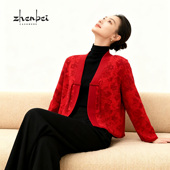 珍贝2025年新品 山羊绒高支纱新中年红式 提花夹丝开衫 56623